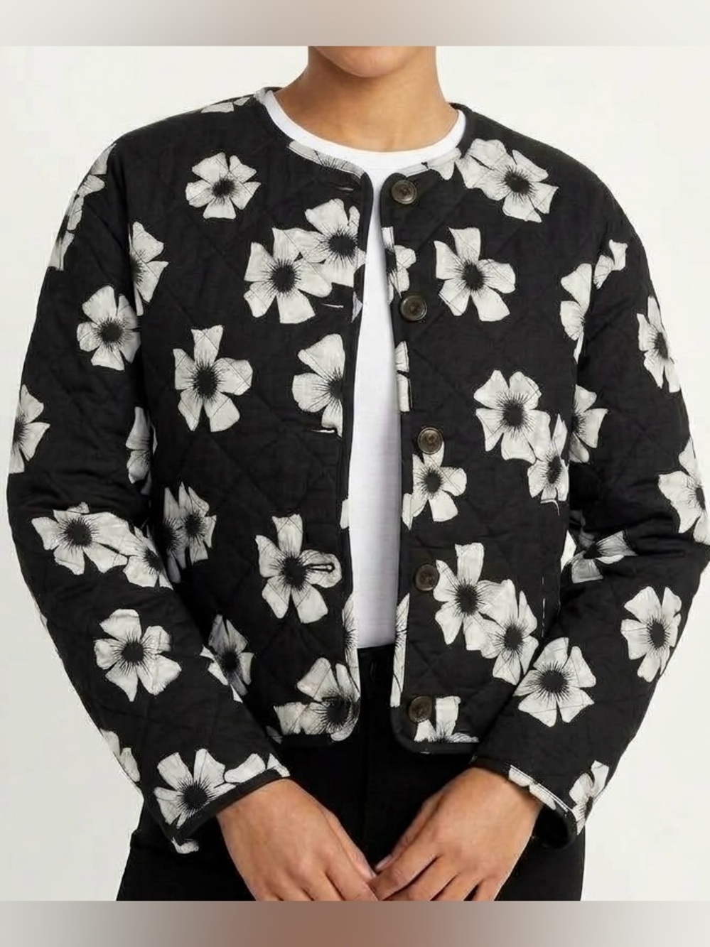 Scoop Black Floral Quilted Puff Sleeve Jacket Size Large NWT